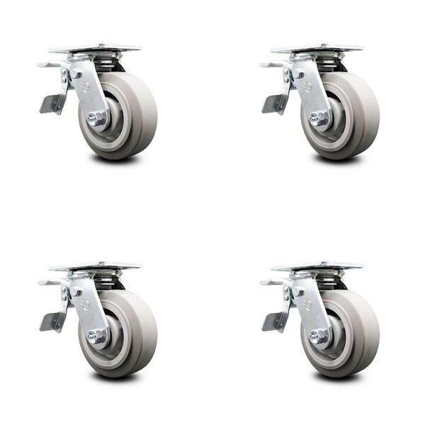 5 Inch Thermoplastic Rubber Caster Set with Roller Bearings and Total Lock Brake